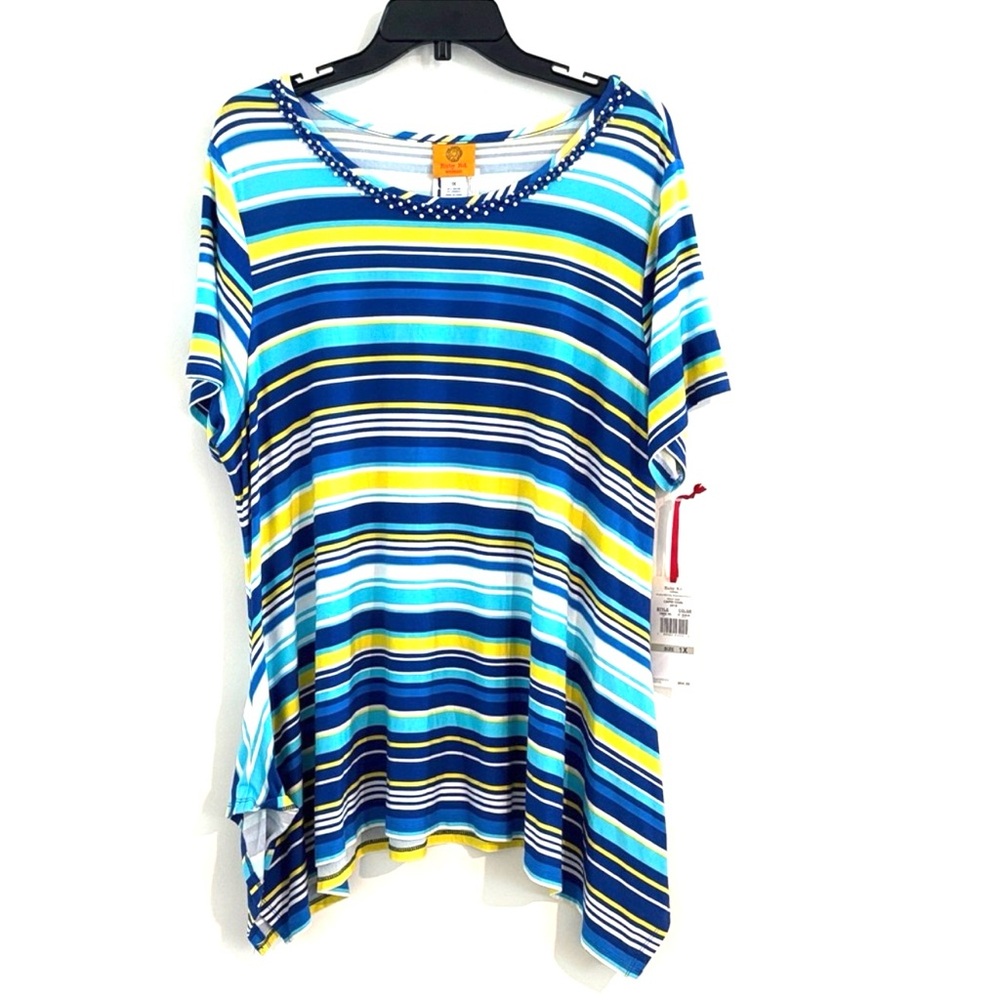 Ruby Rd. Vibrant Striped Short Sleeve Top Size 1X GOLD & Blue